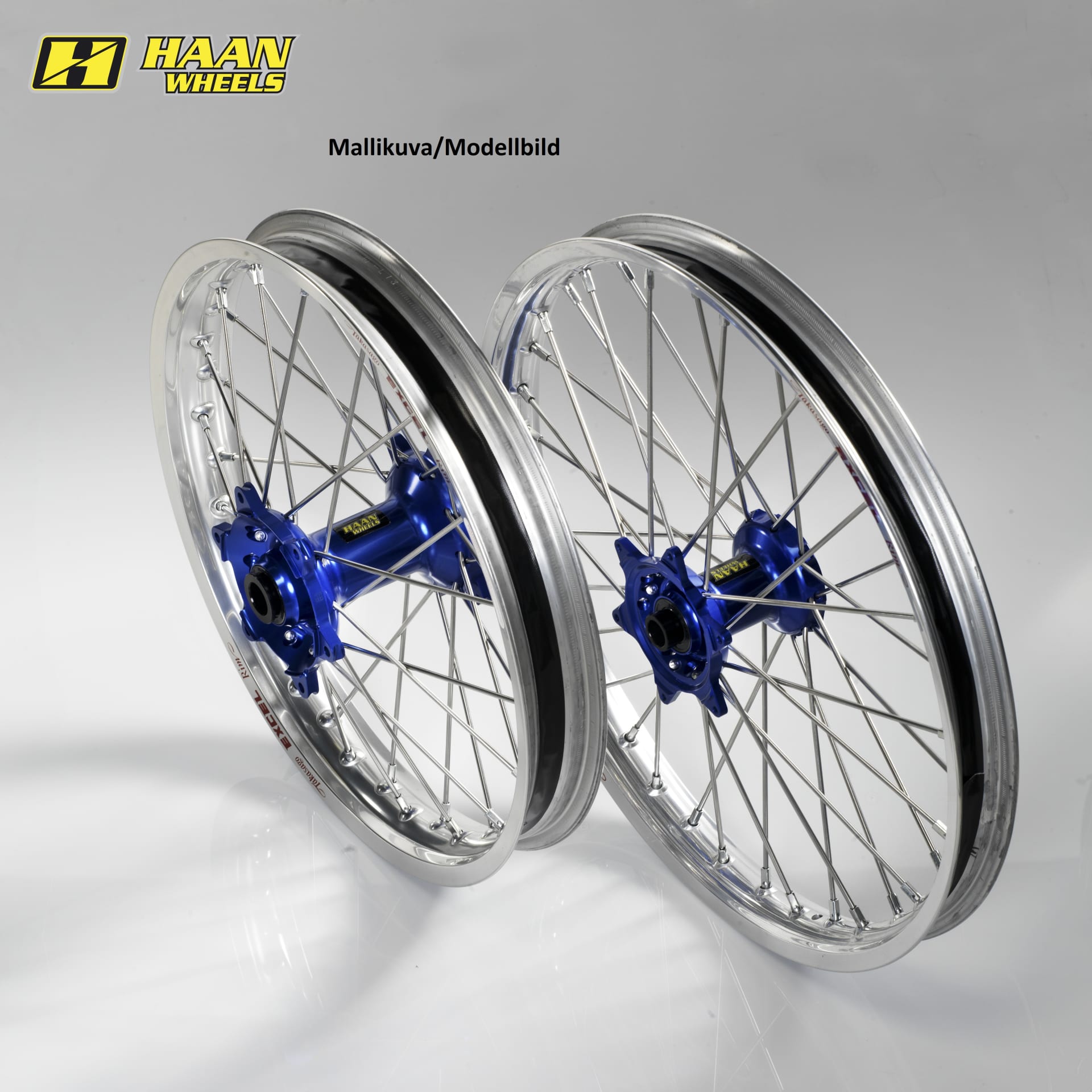 Roue Haan SX&SXF 15-17 /EXC MODELS 16- 17-3,50 Jante argentée / moyeu bleu - Haan Wheels