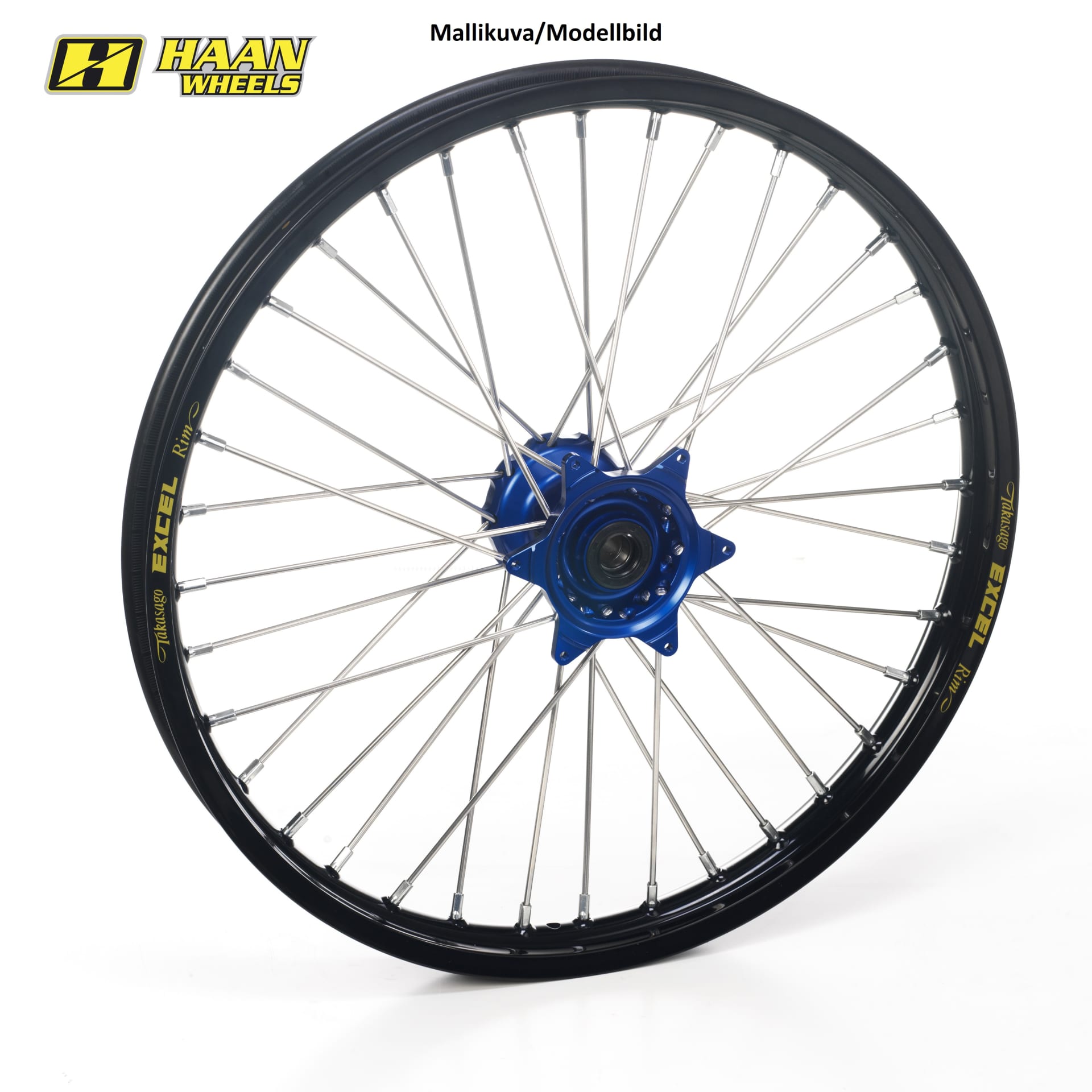 Haan wheel SX65 FRONT 02- 14-1,60 BLACK RIM/BLUE HUB/BLACK SPOKES/BLUE NIPPLES - Haan Wheels