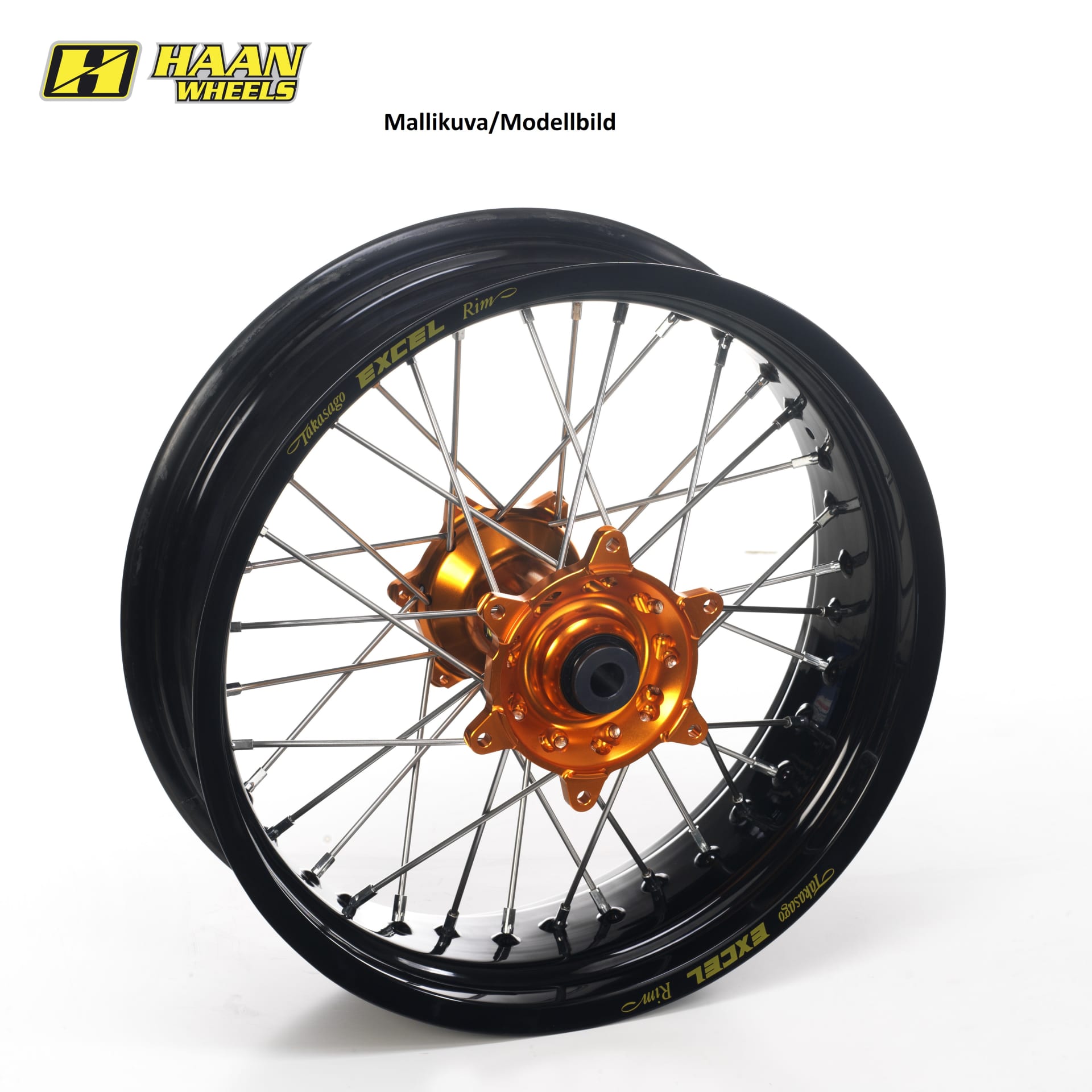 Haan hjul SX&SXF 15-/EXC 16- 17-3,50 BLCK fælg/ORANGE nav/BLCK SPO/GULD NIP - Haan Wheels