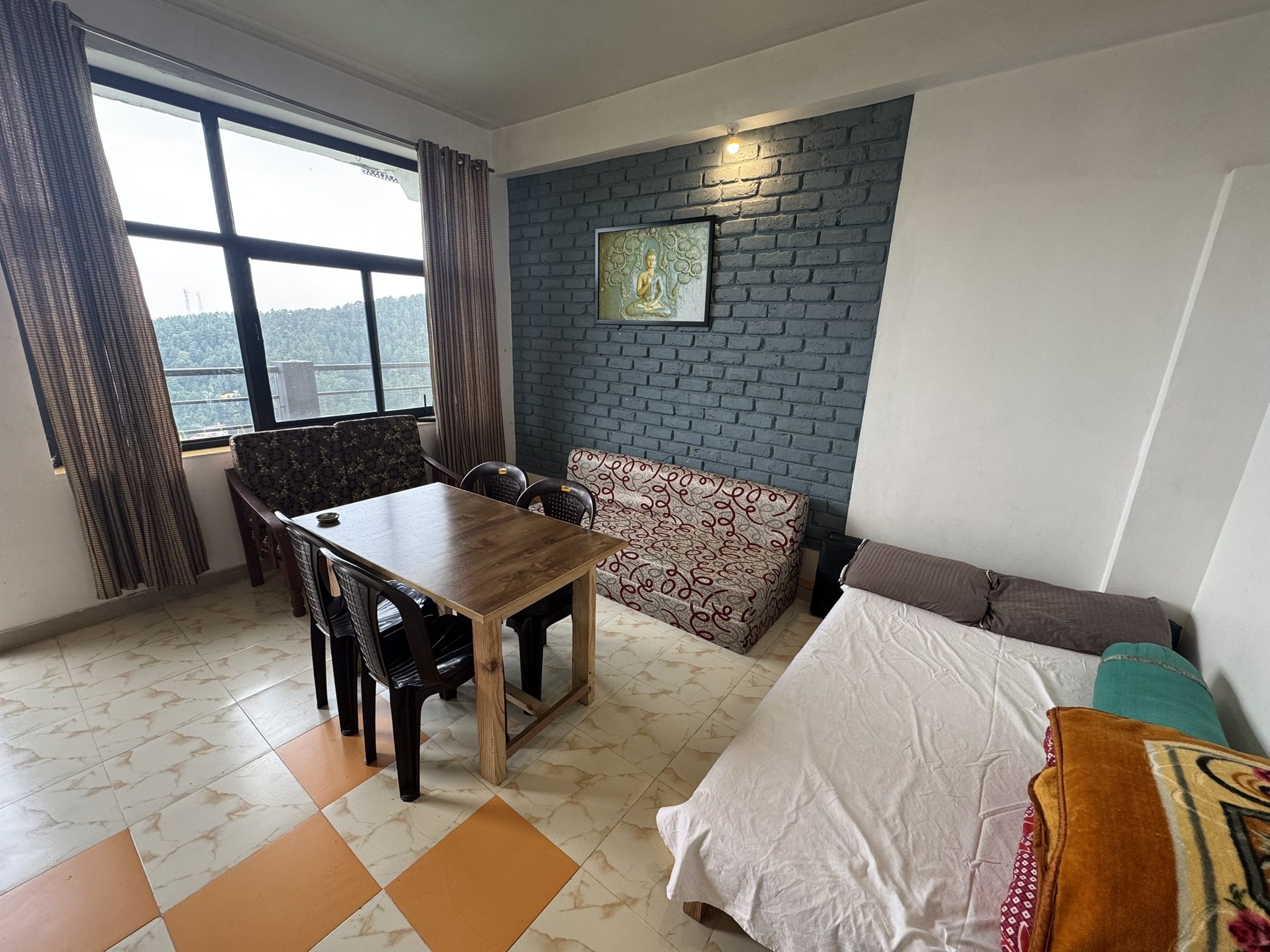 Dining area in a luxury penthouse suite.