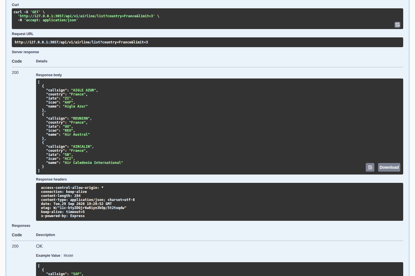 Swagger airline list response on Node 24