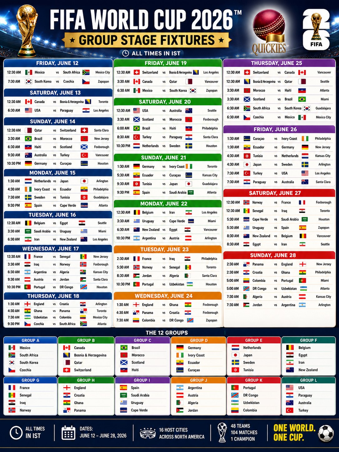 The ultimate football showdown is here! ⚽🏏 Lock in the official fixture list from the June 12th opening matches straight through to the Grand Final on July 19th. ​Set your alarms, support your team