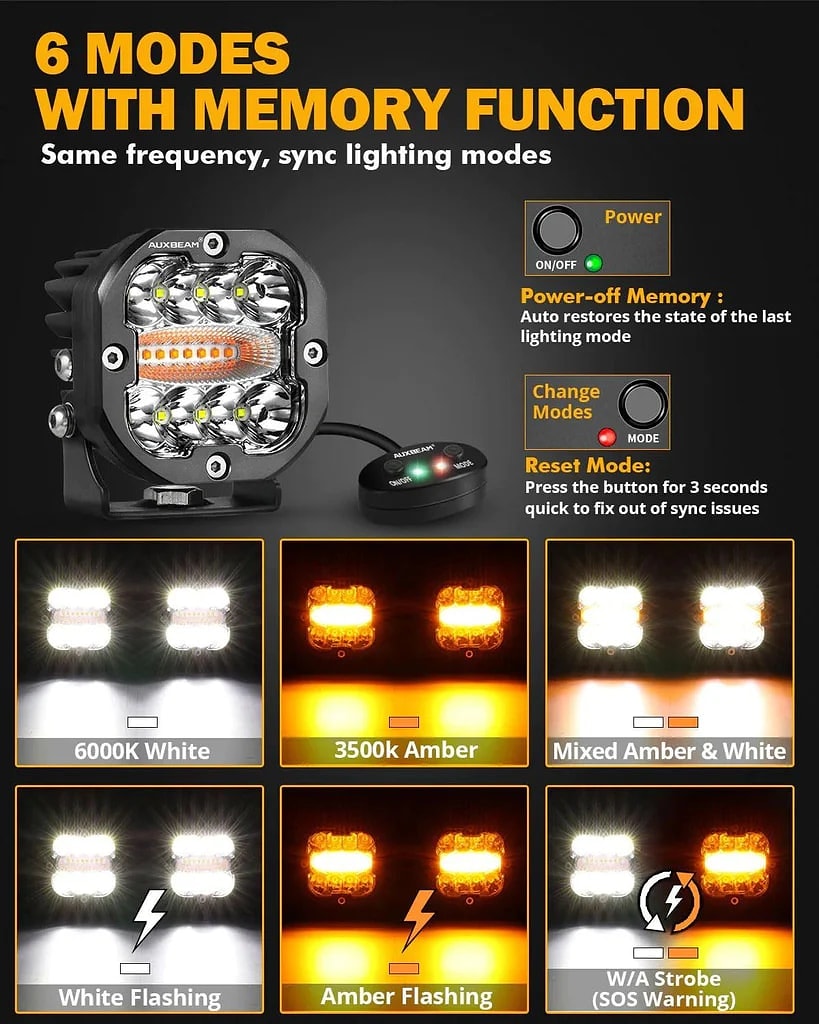 Auxbeam 3 inch 96W 9600 Lumens 6 Modes White & Amber LED Pod Lights