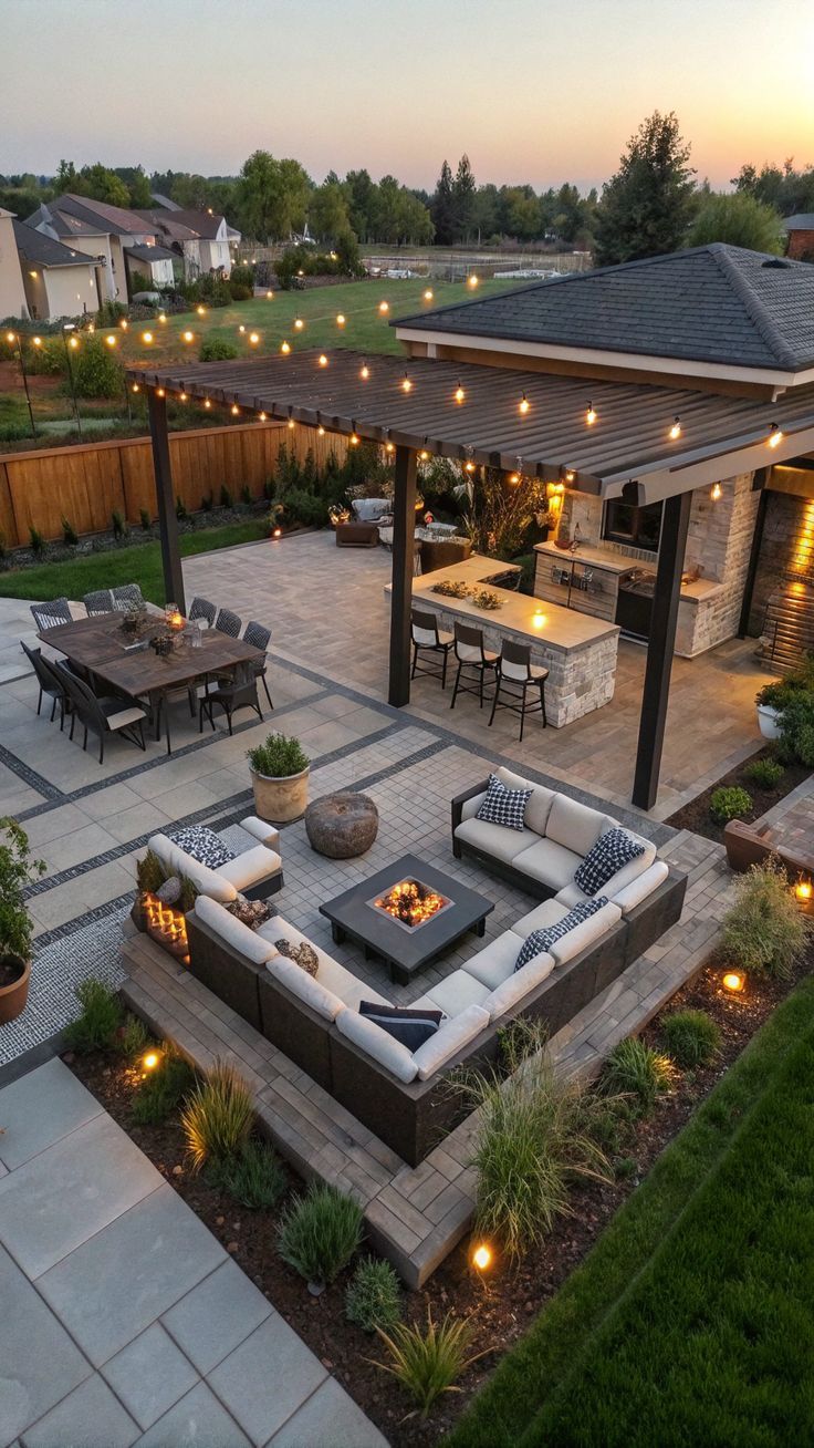Luxurious outdoor living space with pergola and fire pit