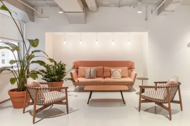 Zona lounge con sofá color salmón y plantas en un coworking de Ciudad Lineal, Madrid