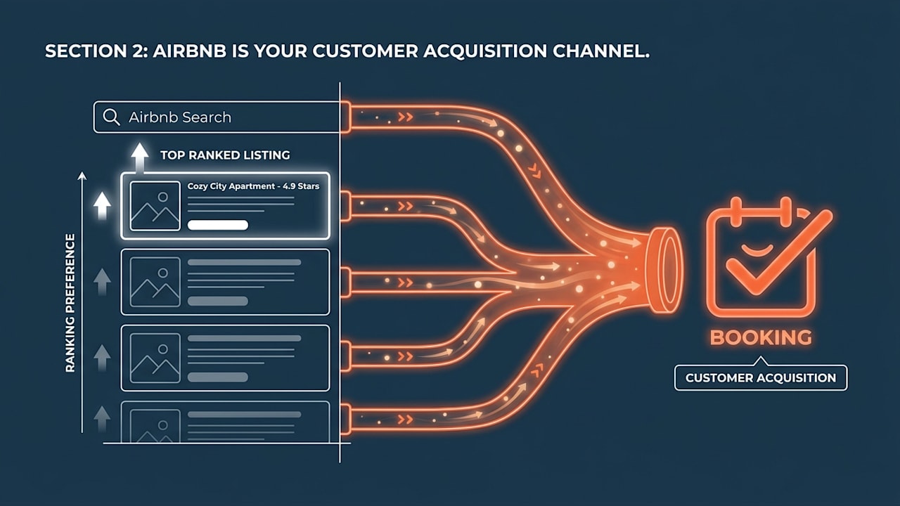 Airbnb represented as search engine with ranking arrows feeding customer acquisition