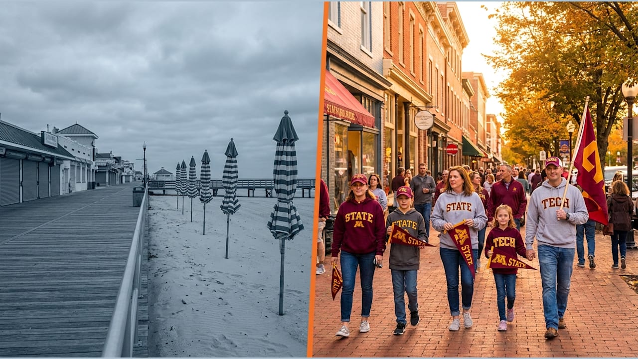 Off-season vacation market vs. game-day college town — two different demand engines