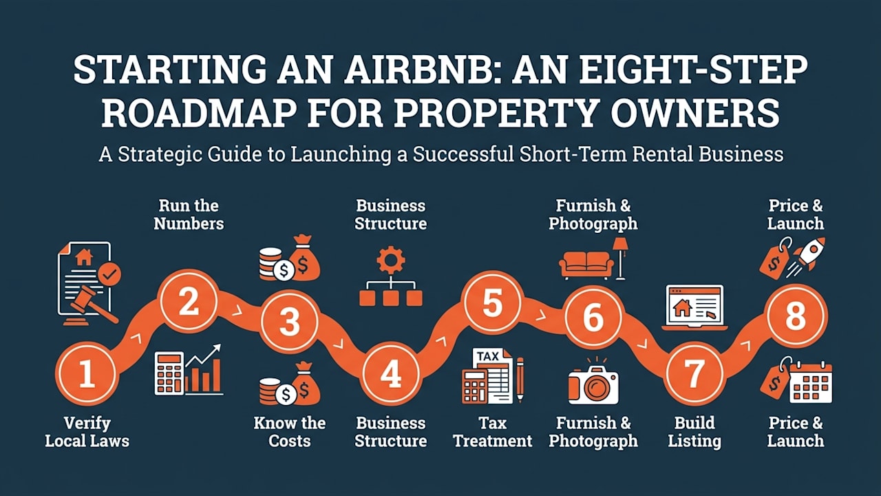 The eight-step Airbnb owner roadmap from verifying local laws through launch