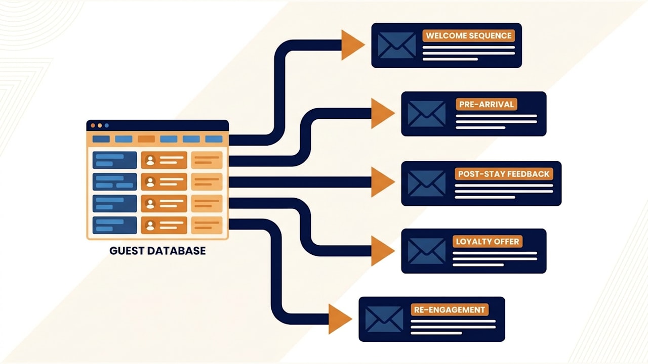 A structured guest database branching into five automated email sequences