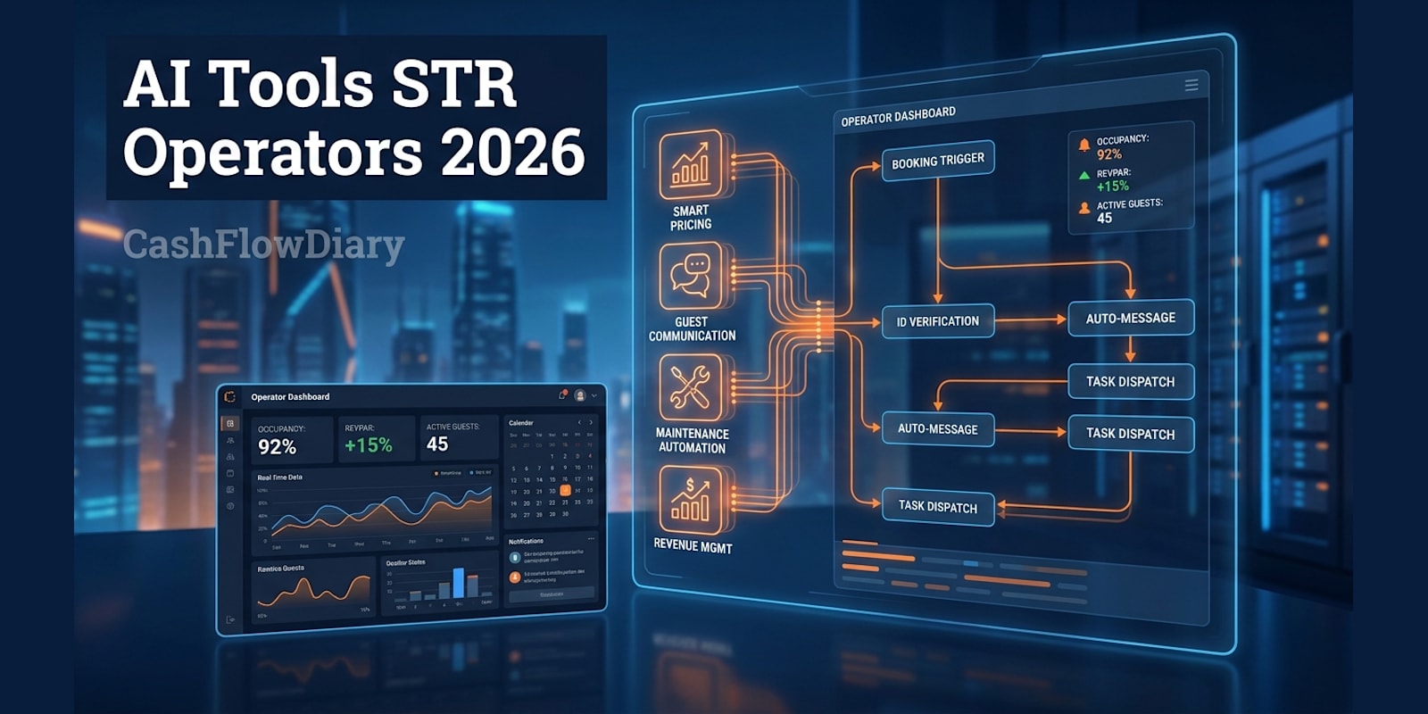 Flat illustration of an STR operator automation stack with pricing, messaging and analytics panels