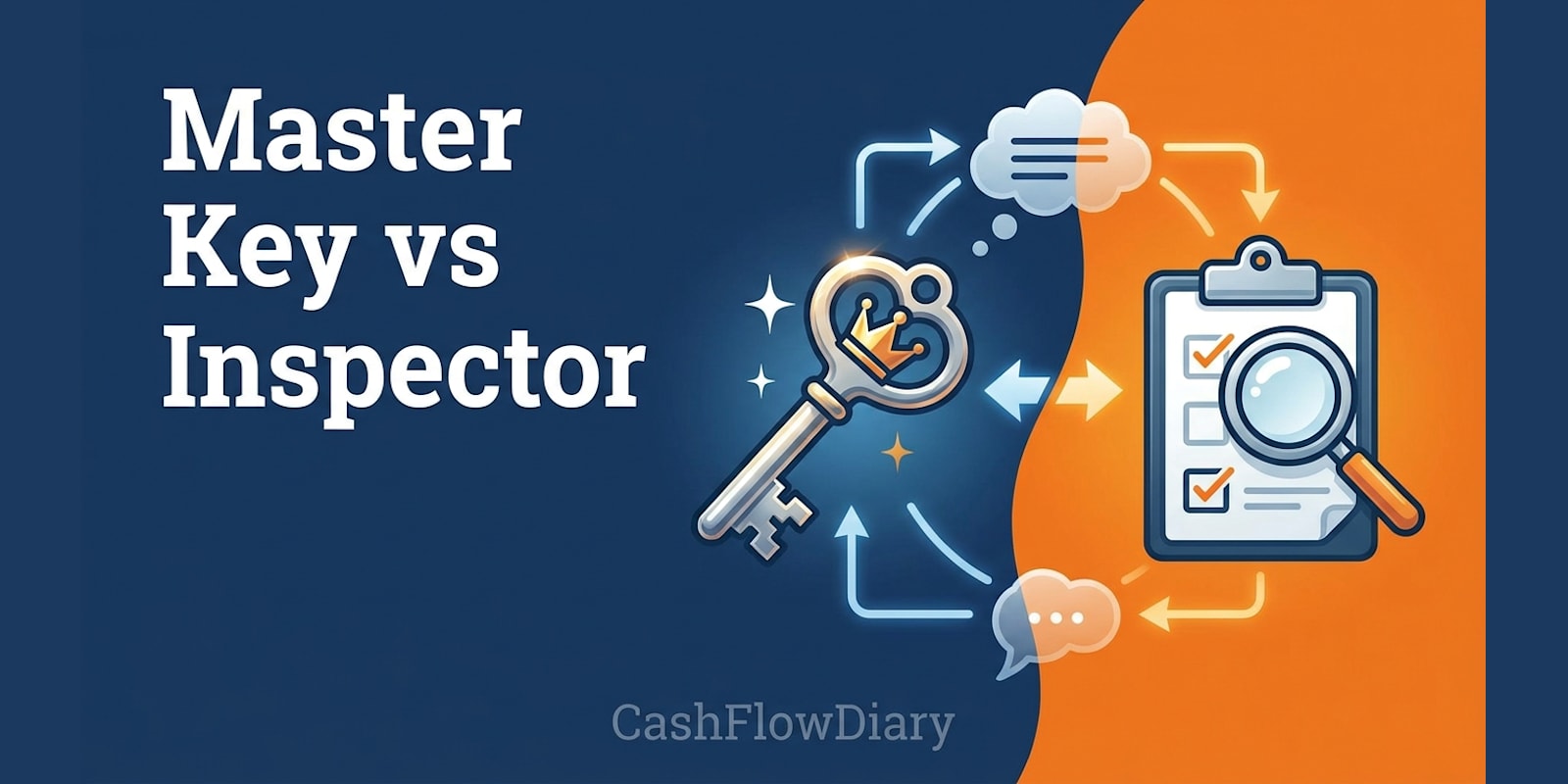 Navy and orange split illustration of a crowned master key beside a clipboard and magnifying glass for STR decisions