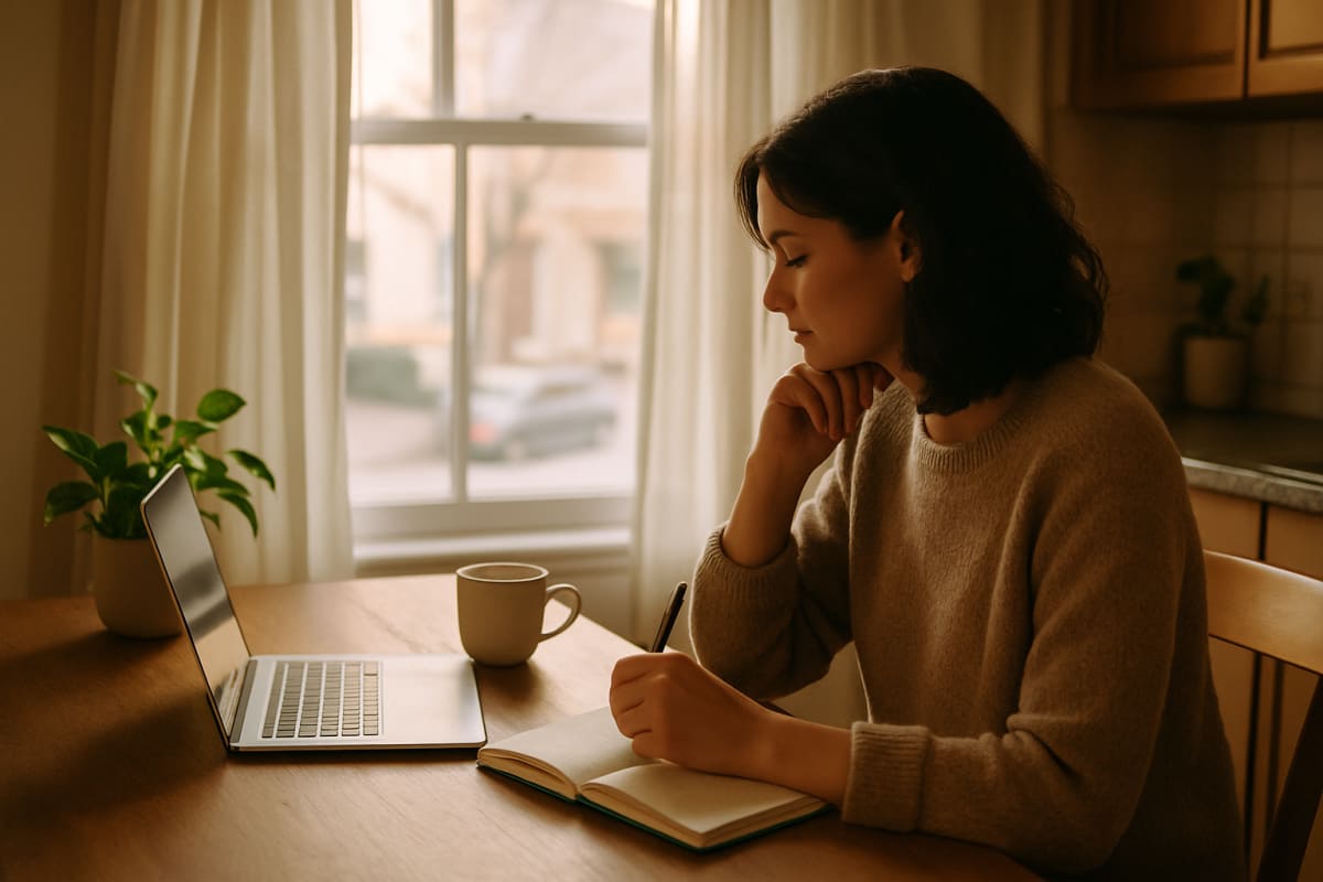 A woman sits at a kitchen table with an open laptop, a steaming cup of tea, and a partially filled journal with a pen in
