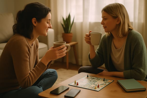 Two women sitting on the floor, holding mugs, with a board game and phones on the table.