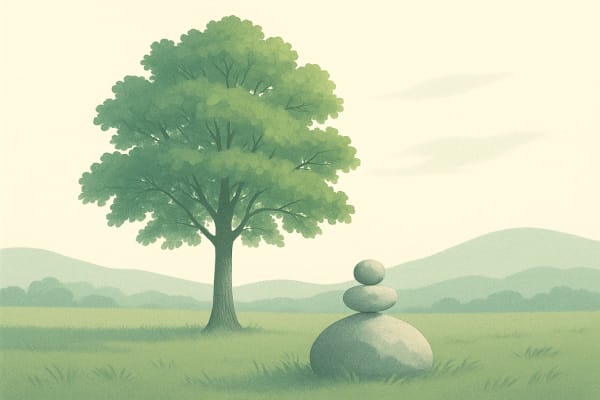 A tall oak tree stands in a meadow with a small stone balanced on a larger rock, set against rolling hills and a clear sky.