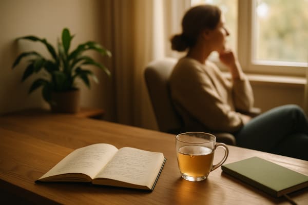 A cozy home office with a wooden desk, open journal, steaming cup of tea, and a figure gazing out the window in