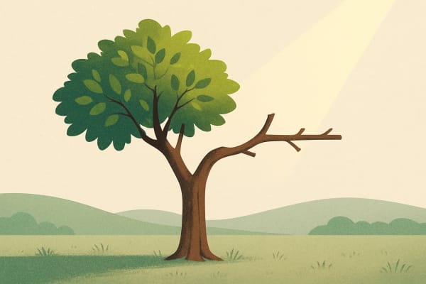 A tree with one lush, leafy branch and one pruned branch, set against a clear sky with sunlight highlighting the contrasting