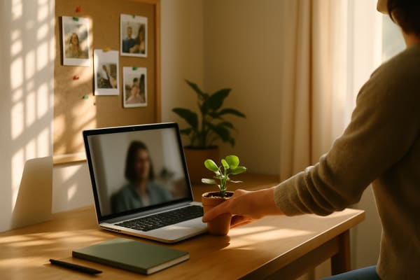 A laptop on a wooden desk shows a blurred video call, with a hand placing a small plant nearby and light filtering through a