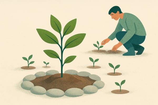 A sapling grows from soil surrounded by stones, with smaller seedlings nearby and a gardener kneeling in the background.