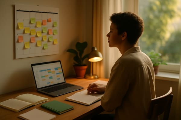 A person sits at a wooden desk in a sunlit room, facing a window, with a laptop, notebooks, and a wall calendar nearby.