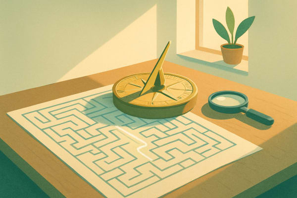A sundial on a wooden desk casts a shadow on a blueprint with intricate pathways, next to a closed magnifying glass.