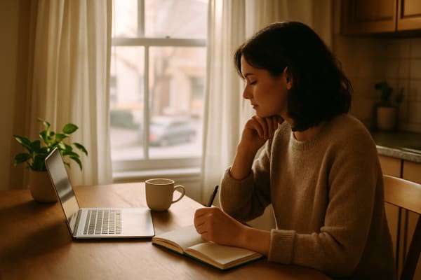 A woman sits at a kitchen table with an open laptop, a steaming cup of tea, and a partially filled journal with a pen in