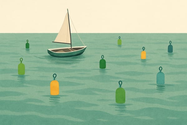 A small sailboat with its sail down floats on a vast sea, surrounded by scattered vibrant buoys of different colors.