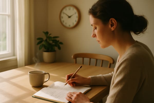 A woman with her hair pulled back sits at a sunlit table, reviewing handwritten notes in an open notebook with a pencil in