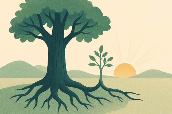 A large tree with thick roots stands next to a smaller sapling, with a sunrise casting warm light in the background.