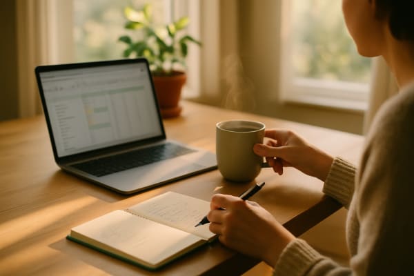 A kitchen table with a laptop showing a spreadsheet, a steaming coffee mug, a hand holding a pen over a notebook, and a