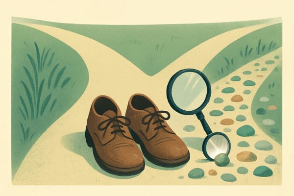 A pair of worn shoes stands at a fork in a dirt path, with a magnifying glass focusing sunlight on a colorful pebble.