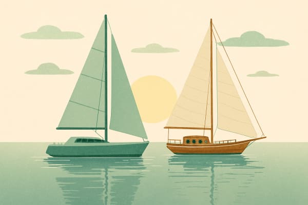 Two sailboats, one modern and one classic, float side by side on calm ocean waters at sunset, casting reflections in the