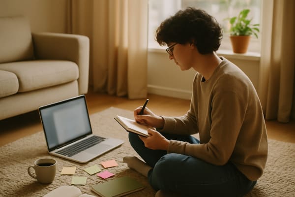 A student sits cross-legged on a rug with a laptop, notebooks, sticky notes, and a steaming cup of coffee, in a sunlit