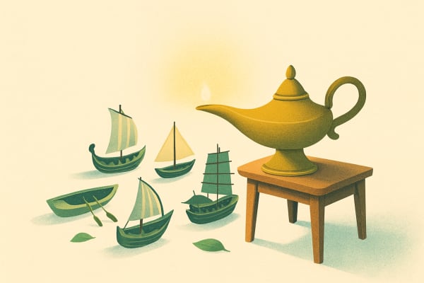A large, ornate Arabian lamp sits on a small wooden table next to five distinct, miniature model boats arranged in a