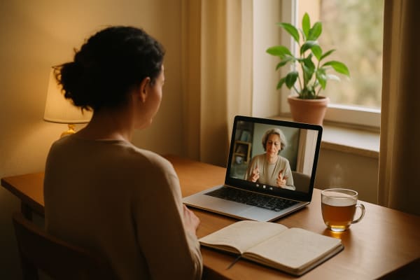 Eine Person sitzt an einem Holztisch mit einem Laptop, einem offenen Notizbuch und einer dampfenden Tasse Tee, mit dem