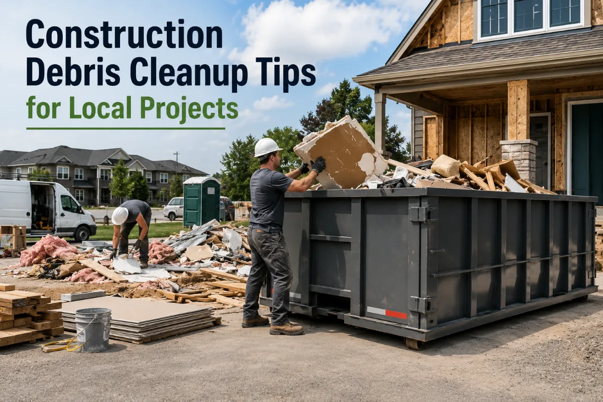 Construction debris cleanup project with roll-off dumpster and renovation waste removal