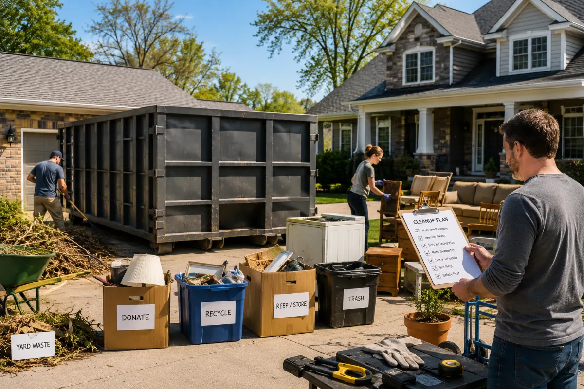 Preparing for a large property cleanup project with organized debris removal and dumpster rental