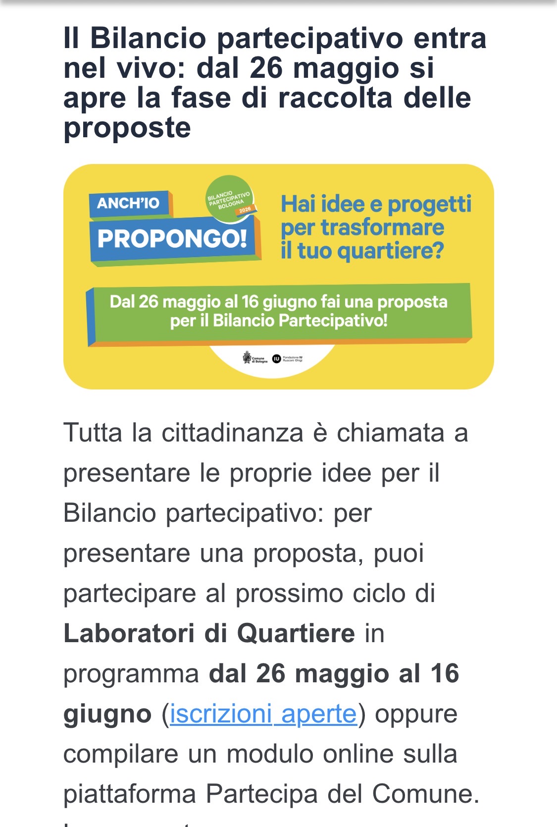 Immagine collegata alla proposta Incontro 08/06 in Quartiere per presentazione delle proposte