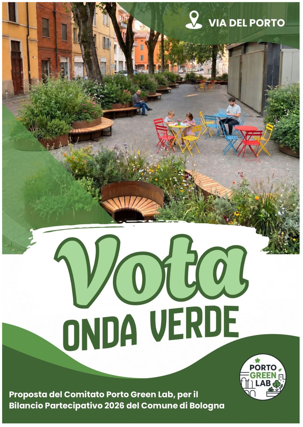 Immagine collegata alla proposta ONDA VERDE è la proposta del Comitato Portogreenlab in corsa per il Bilancio Partecipativo 2026 del Comune di Bologna