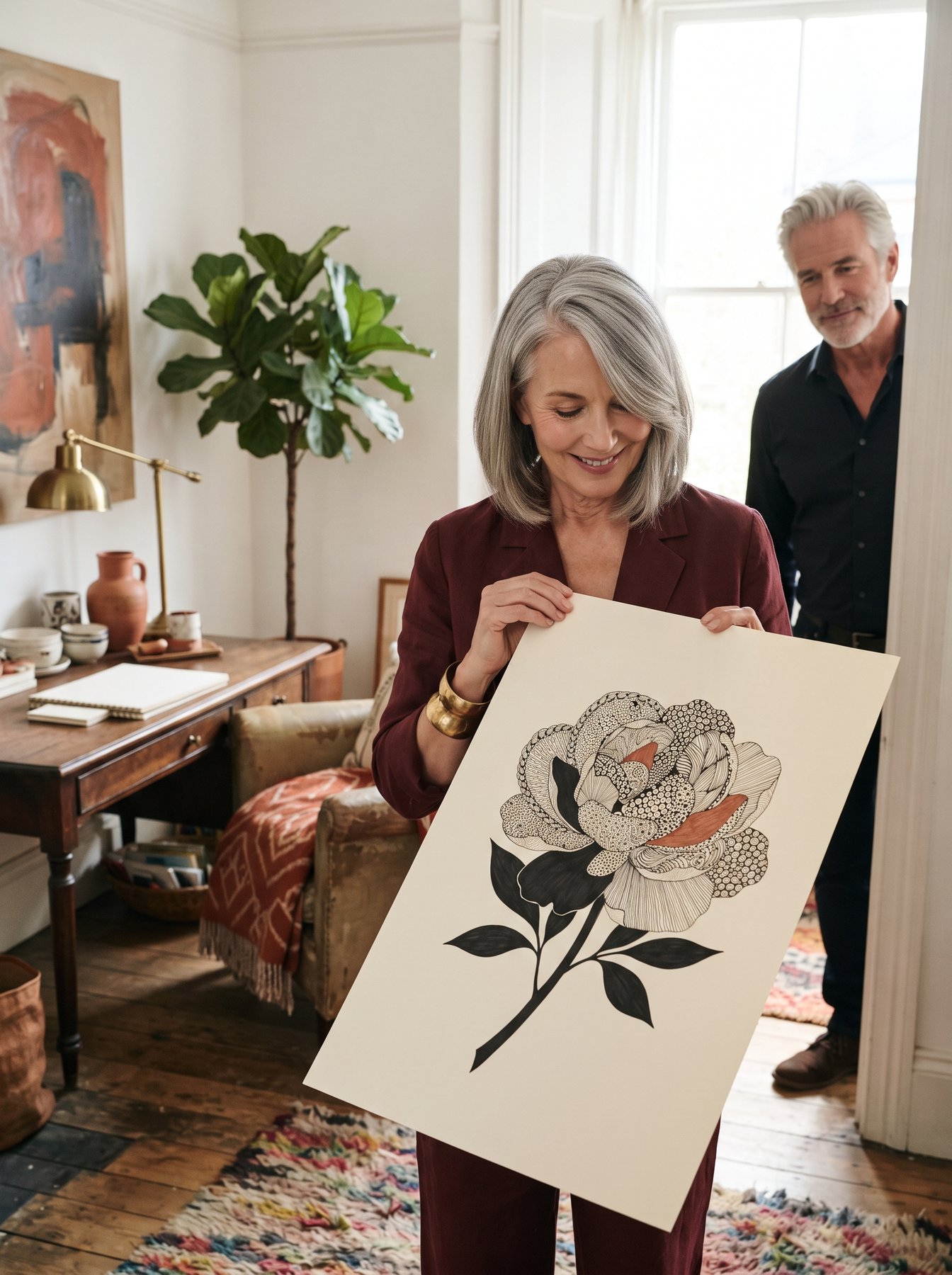 Member holding her finished drawing at home