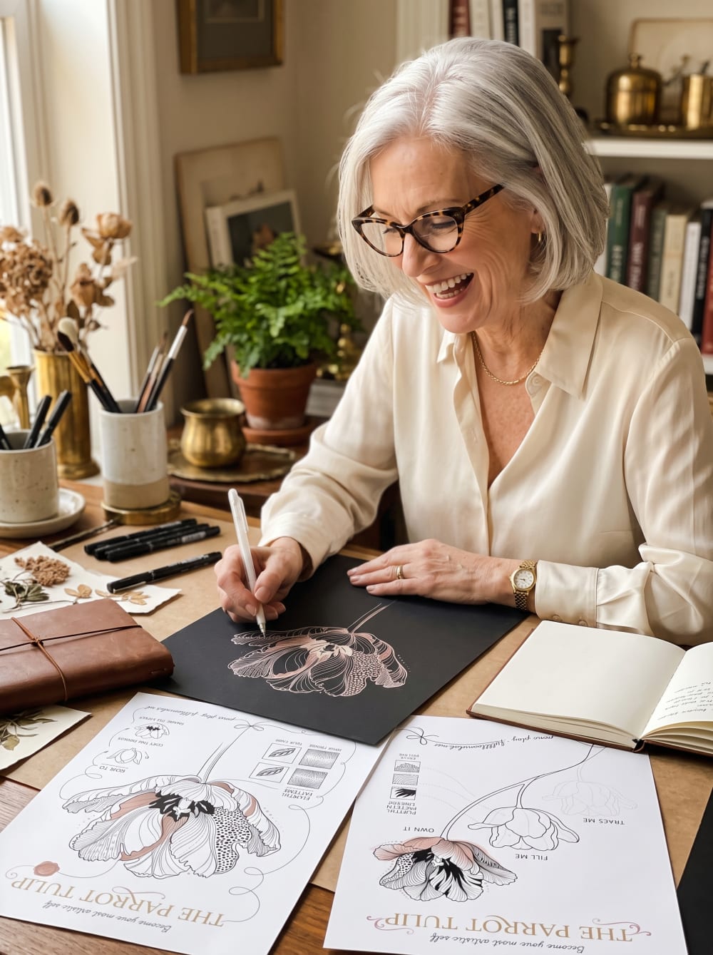 A member laughing while drawing the Parrot Tulip in rose-gold ink on black paper, her worksheets on the desk