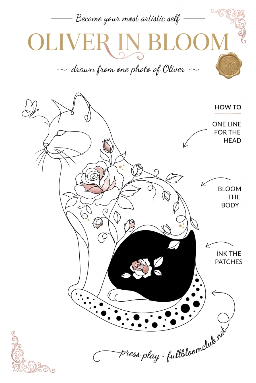 Oliver rebuilt from his photo as a worksheet — his real black patches inked, a white rose reversed out