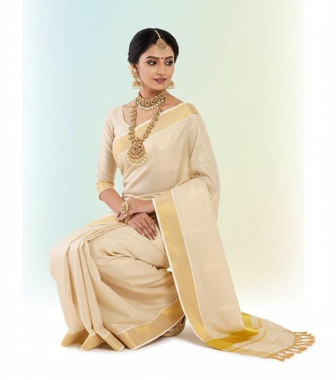 Women’s Kerala Tissue Plain Saree with Running Blouse| Onam & Vishu Kani Special | Traditional Kasavu White Colour