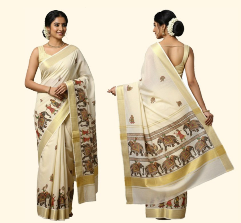 Women's Mural Printed Kerala Gold Tissue Saree with Running Blouse Piece | Traditional South Indian Ethnic Saree for Festivals, Weddings & Special Occasions