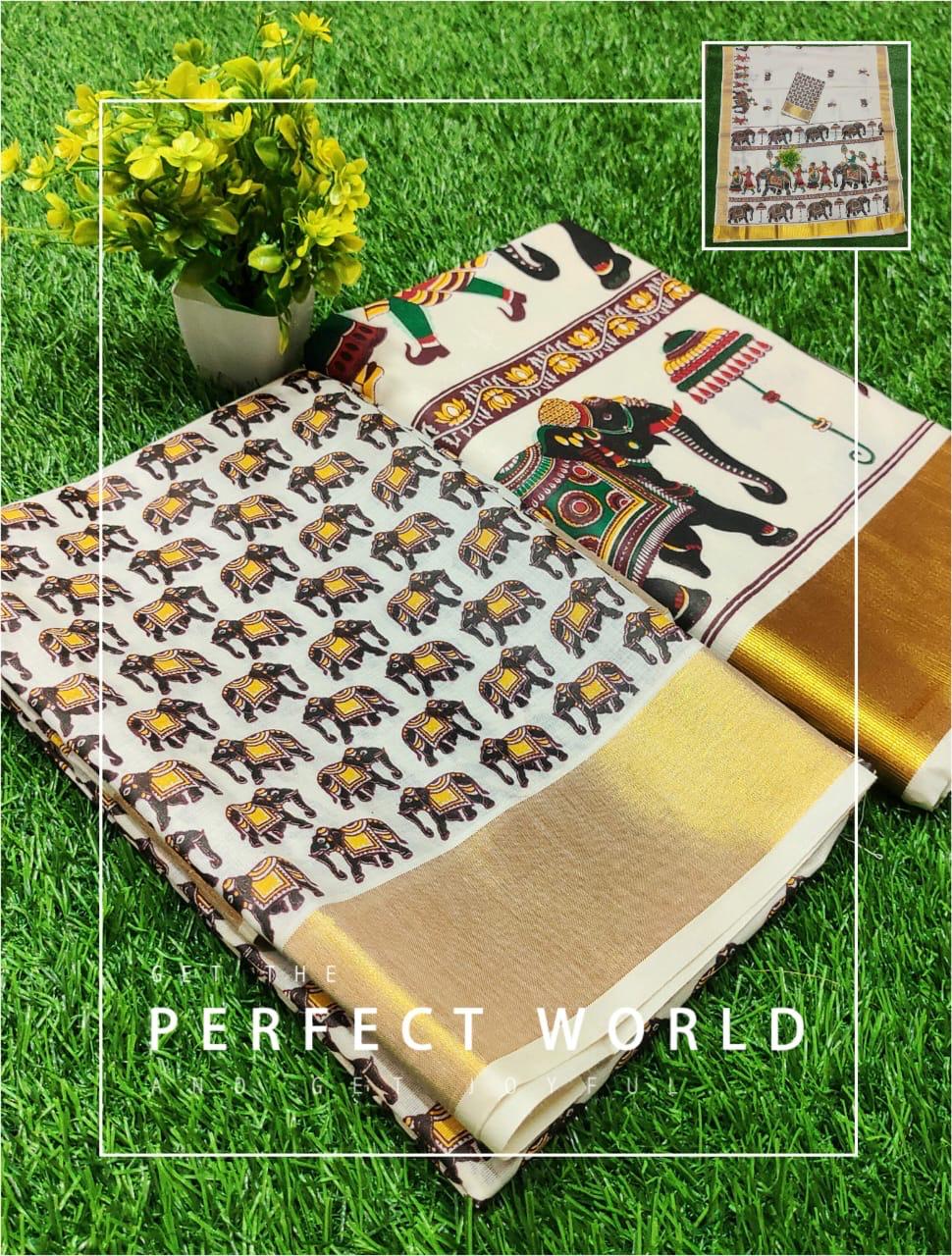 Women's Mural Printed Kerala Gold Tissue Saree with Running Blouse Piece | Traditional South Indian Ethnic Saree for Festivals, Weddings & Special Occasions 2