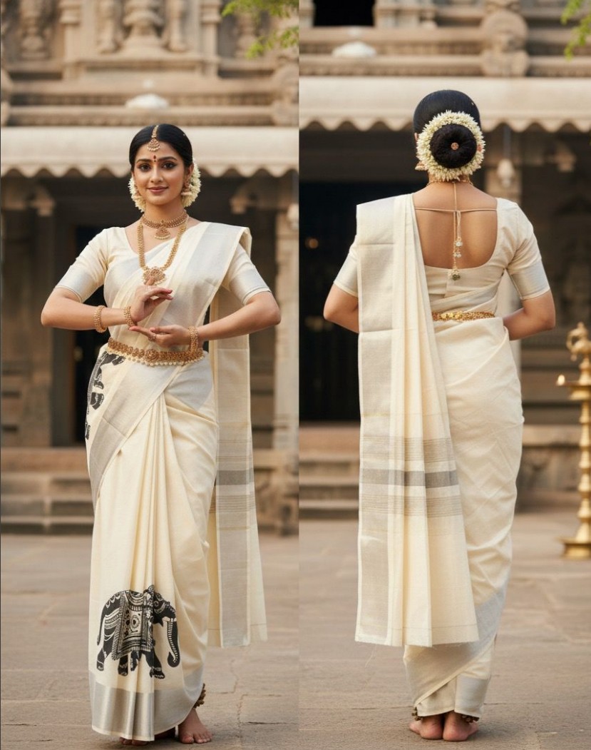 Minukki Silver Check Saree with Black Border and Elephant Block Prints