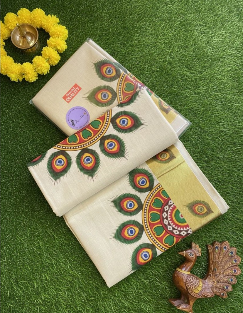 Kerala Kasavu Copper Golden Tissue with Peacock Feather Print Saree with Running Blouse | Green, Red