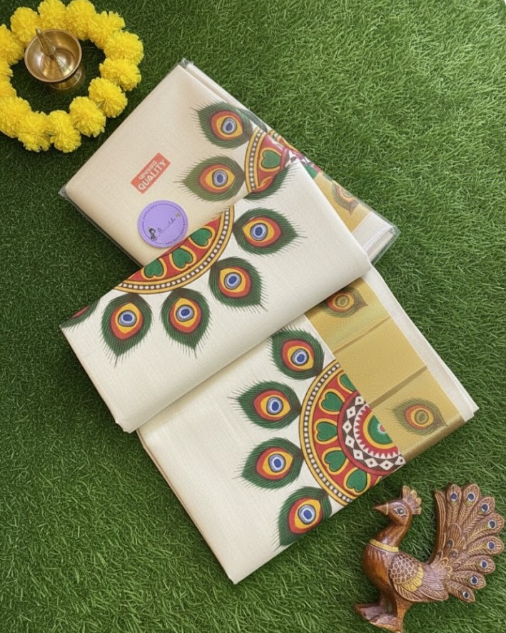Kerala Kasavu Warm white Golden Tissue with Peacock Feather Print Saree with Running Blouse | Green, Red