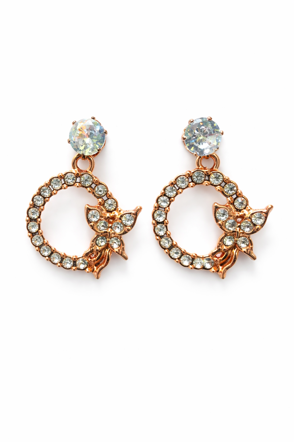 Rose Gold Butterfly Crystal Hoop Earrings for Women – 2.3cm Elegant Party Wear Earrings