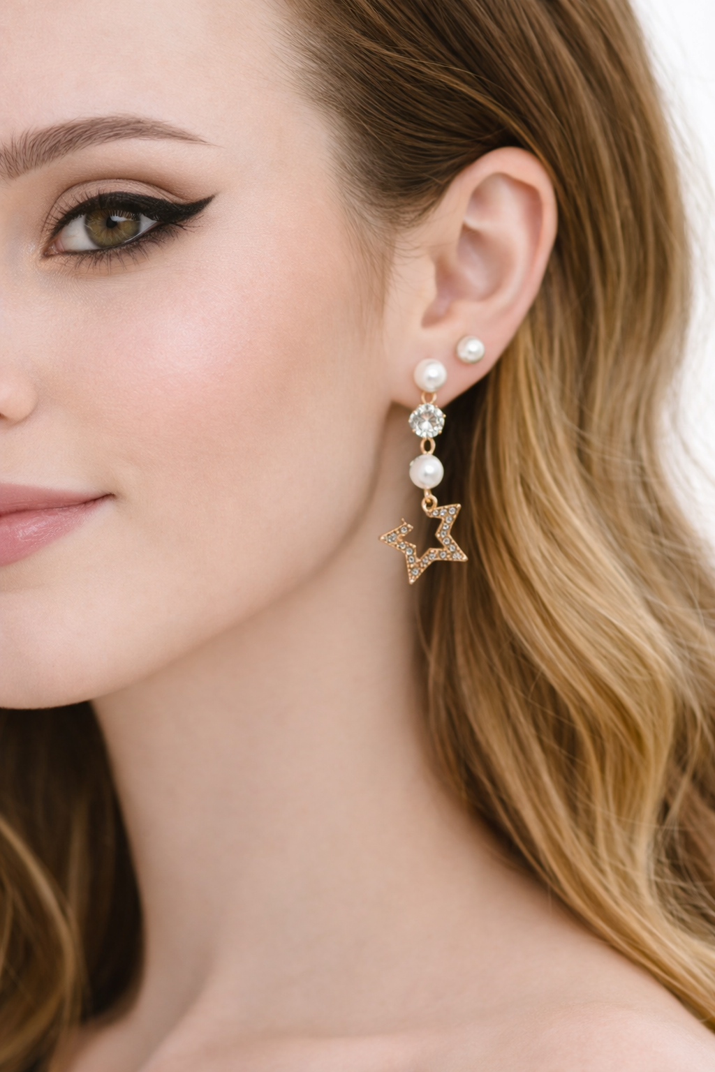 Rose Gold Pearl Star Drop Earrings for Women | Crystal Stud Cute Party Wear Jewellery