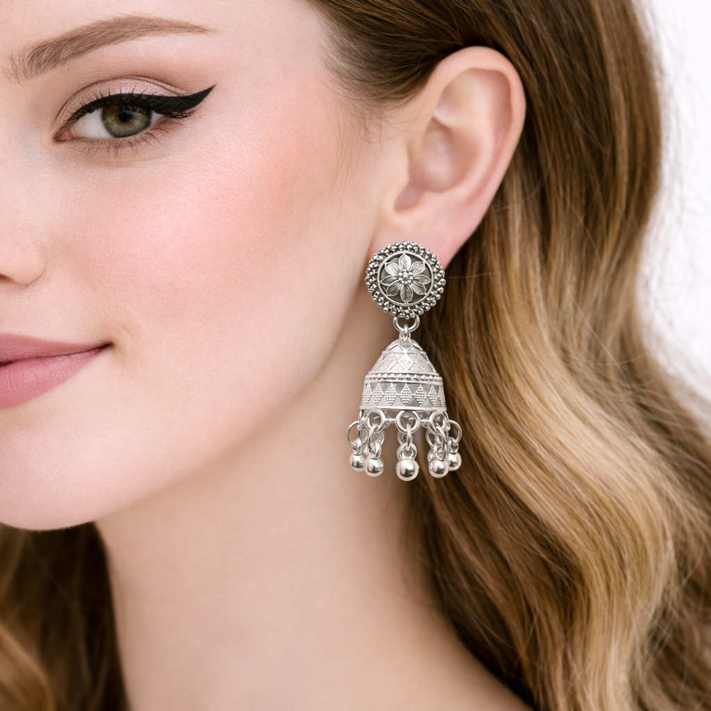 Oxidised Silver Floral Jhumka Earrings for Women | Traditional Ethnic Temple Jewellery